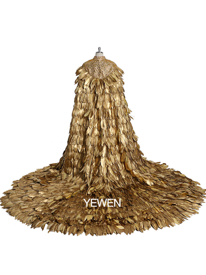 Goldfarbener Hochzeitsumhang mit langer Schleppe und Kristallperlen, Yewen 