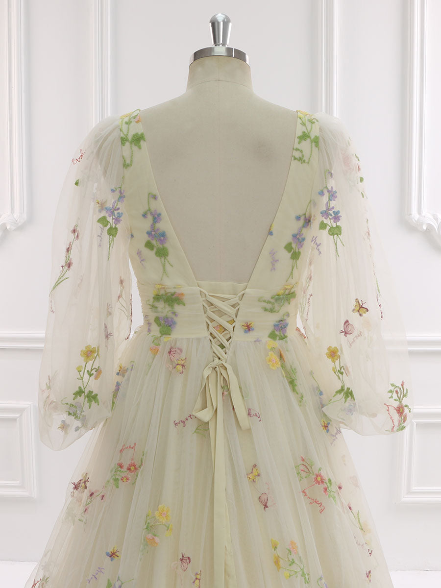 60cm Schleppe Lange Puffärmel Besticktes Blumen Brautkleid Fotoshooting Kleid YEWEN YW231050-1 