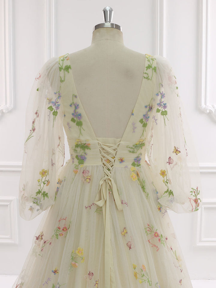 60cm Schleppe Lange Puffärmel Besticktes Blumen Brautkleid Fotoshooting Kleid YEWEN YW231050-1 