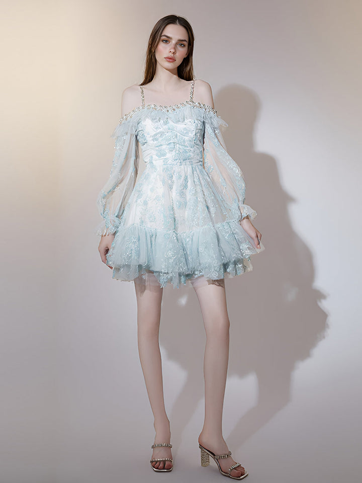 Spaghettiträger Quadratischer Ausschnitt Rüschen Patchwork Minikleid Ärmelloses Ballkleid Abendkleid Fee Party Cocktailkleid 