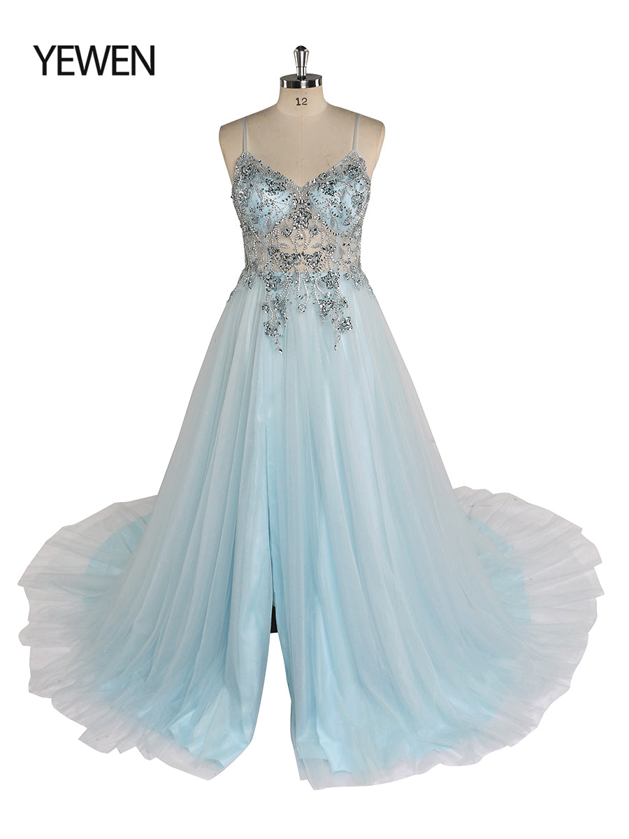 Sexy Partykleid mit Perlen besetztem Spaghettiträger, rückenfreies Maxikleid aus Tüll mit 60 cm Schleppe