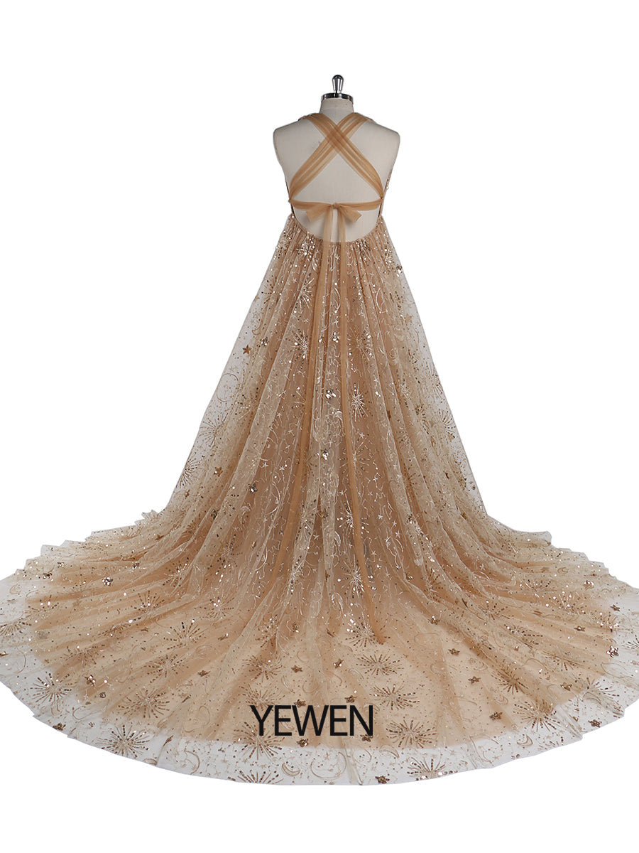 Champagner Glitzer Pailletten V-Ausschnitt Abendkleid Langes Damen Formales Partykleid Seitenschlitz Umstandskleid für Fotoshootings YEWEN YW211213 