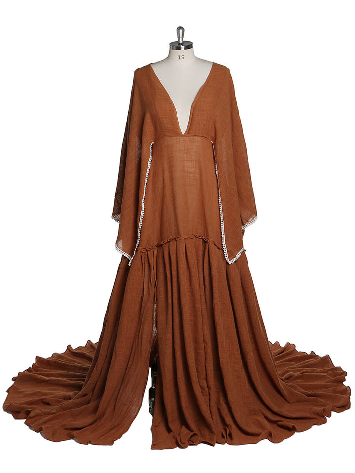 Elegantes Umstandskleid für Fotoshooting Lange ausgestellte Ärmel Seitenschlitz Schwangerschaftskleid Baumwoll-Maxikleid YEWEN YW221207