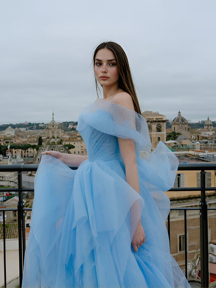 Trägerloses A-Linien-Kleid Himmelblaues mehrlagiges Tüllkleid Fotografie-Kleid 