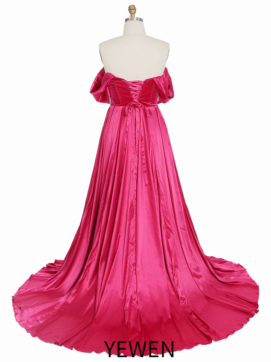 Short Sleeves, Off Shoulder ,Flowy Satin ,Prom Dress,  Photoshoot Dress