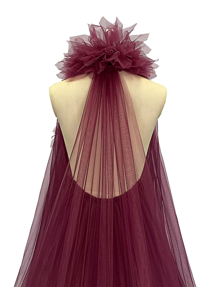 Tüllkleid mit abnehmbarem Hals und Rüschen für Fotoshootings, dehnbare Taille auf der Rückseite, Umstandsfotografiekleid YW231056
