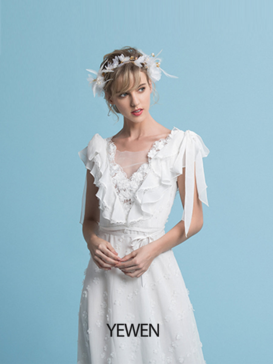 Romantische böhmische Brautkleider V-Ausschnitt Chiffon Boho Hochzeit Brautkleid 