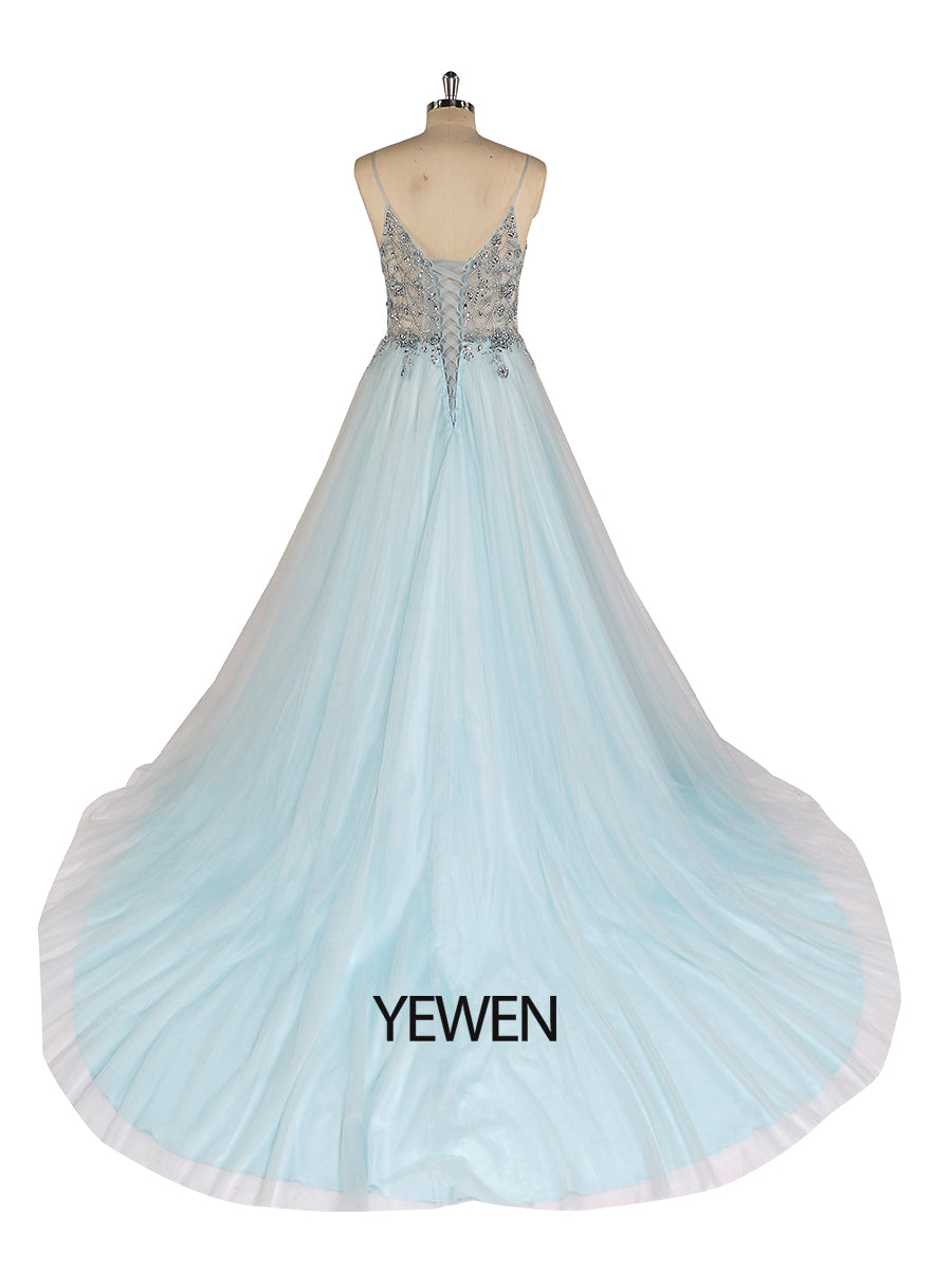 Sexy Partykleid mit Perlen besetztem Spaghettiträger, rückenfreies Maxikleid aus Tüll mit 60 cm Schleppe