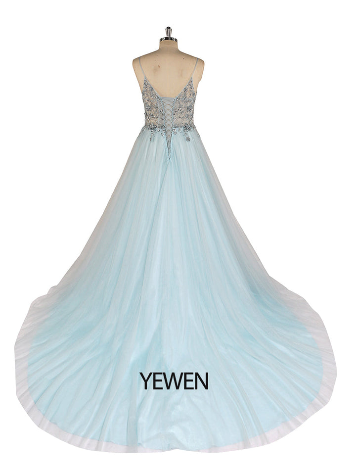 Sexy Partykleid mit Perlen besetztem Spaghettiträger, rückenfreies Maxikleid aus Tüll mit 60 cm Schleppe