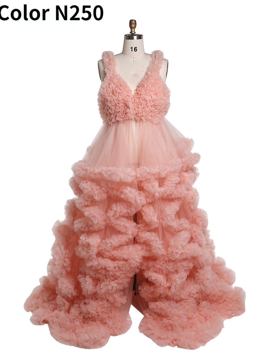 Tiefer V-Ausschnitt, Tüll, volle Rüschen, rückenfreies Wolkenkleid, Umstandskleid für Fotoshooting