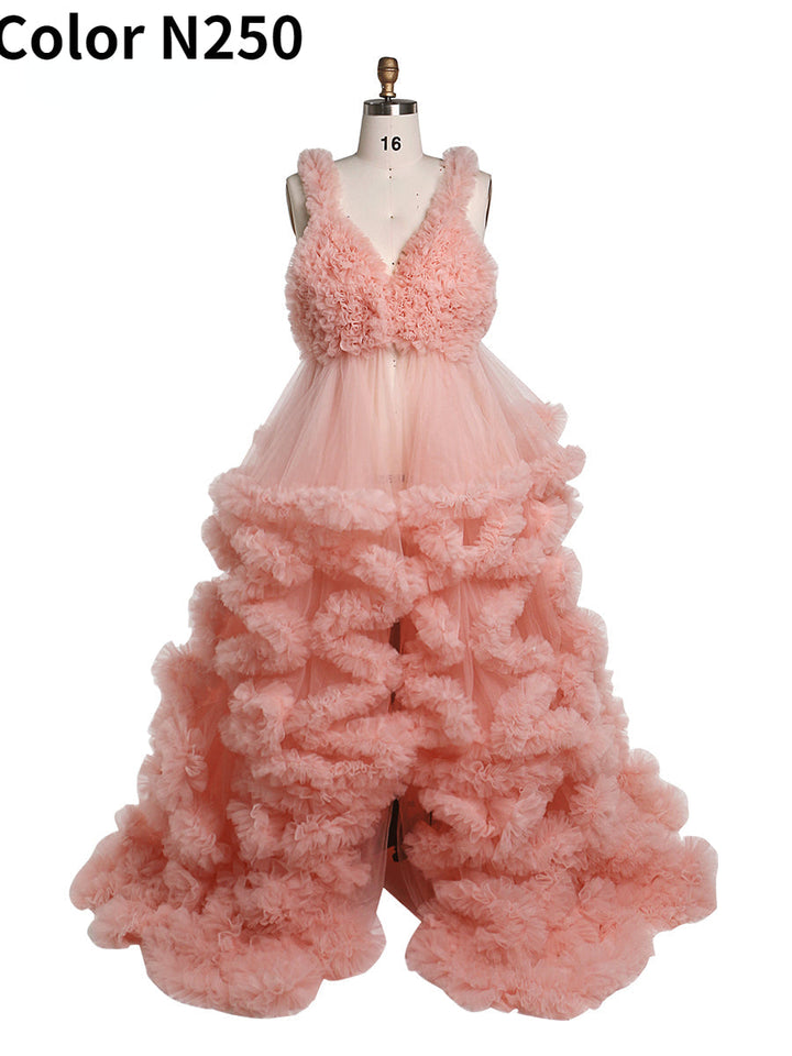 Tiefer V-Ausschnitt, Tüll, volle Rüschen, rückenfreies Wolkenkleid, Umstandskleid für Fotoshooting