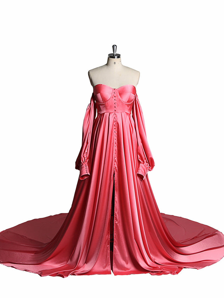 A-Linie Satin Brautkleid mit Schnürung am Rücken und langen Ärmeln, Kleider für Fotoshootings YW220928 