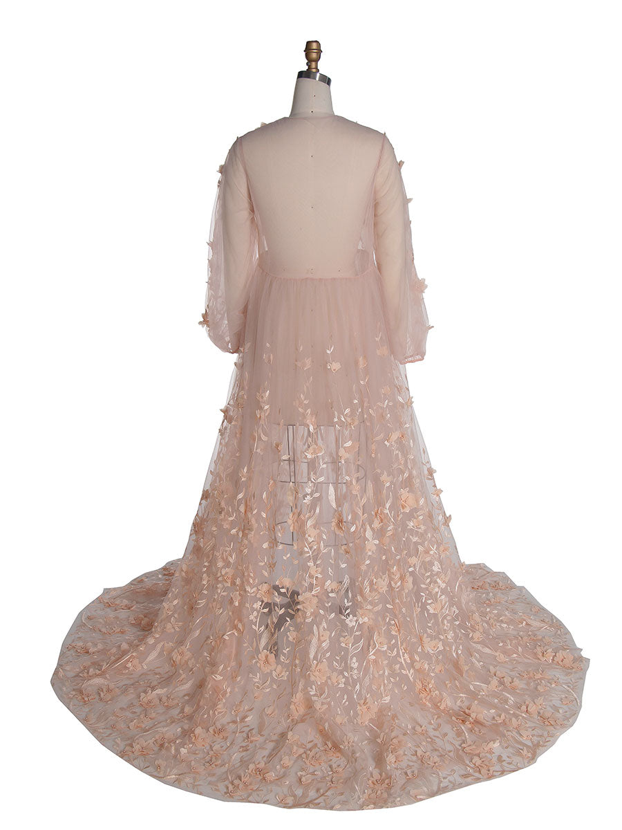 Errötendes Kleid mit 3D-Blumenspitze, Boho-Maxikleid aus transparentem Netzstoff, Fotoshooting-Outfit YW240107 