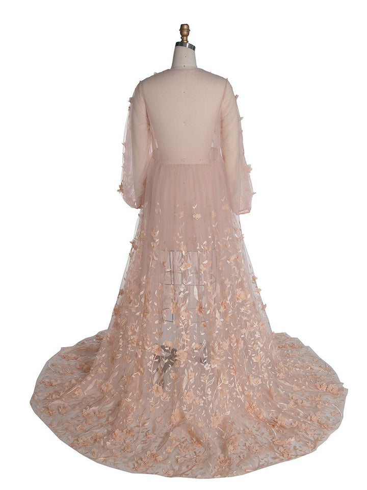 Errötendes Kleid mit 3D-Blumenspitze, Boho-Maxikleid aus transparentem Netzstoff, Fotoshooting-Outfit YW240107 