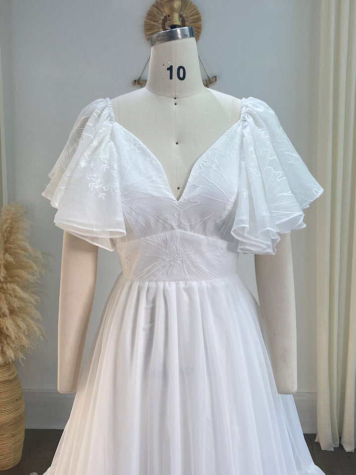 V-Ausschnitt Besticktes Bohemian Spitzen Brautkleid Boho Maxikleid für Hochzeiten YW240080-1