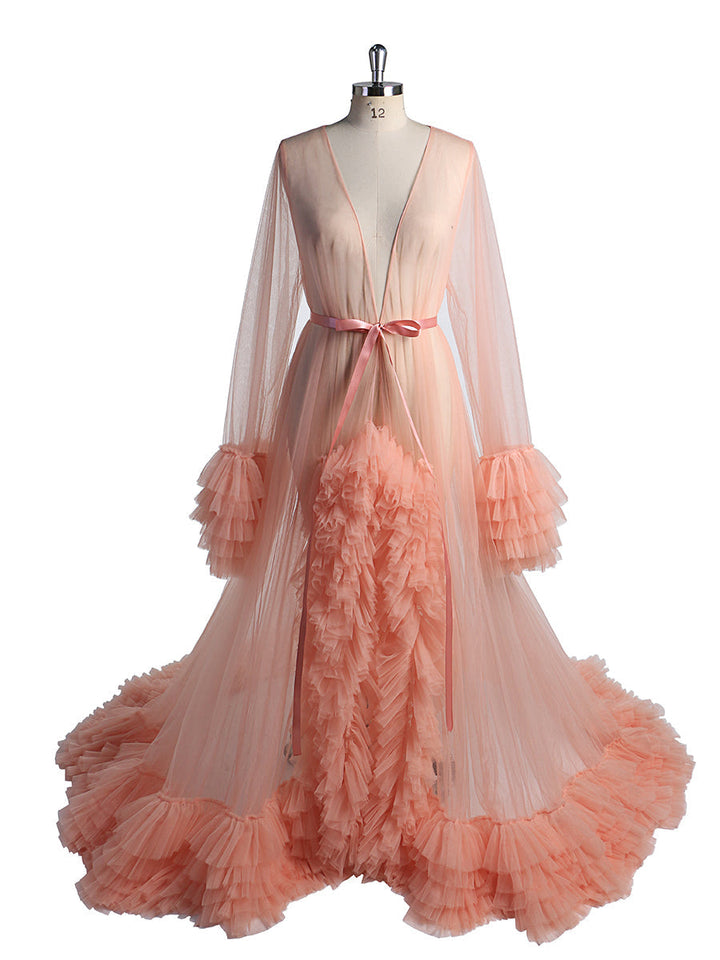 Lachsfarbenes Tüll-Abendkleid mit langen Ärmeln, Umstandskleid, Foto-Shooting, Foto-Requisiten, Fotografie-Kleid, YW231059 