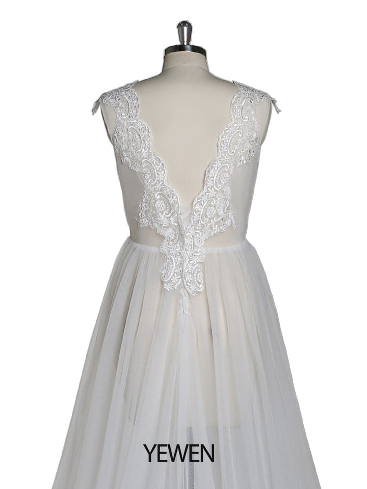 Elegantes ärmelloses sexy Tüll-Spitzen-Maxi-Brautkleid mit Schlitz, Umstandskleid für Fotoshooting 