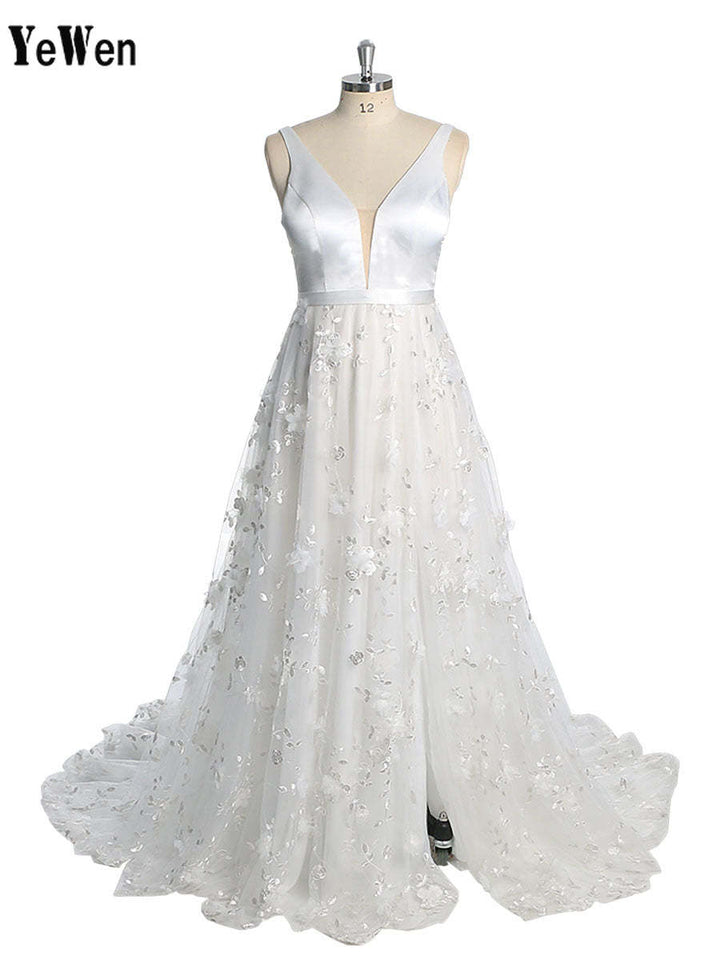 Doppelter V-Ausschnitt Tüll Spitze Bohemian Strand Brautkleid YW230217