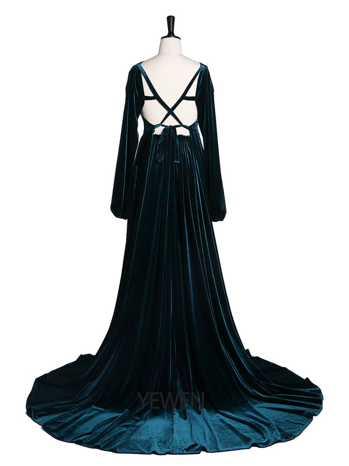 Schwarzes Abendkleid aus Samt mit V-Ausschnitt, langen Ärmeln, Stretch-Taille, seitlichem Schlitz, Fotoshooting-Kleid, Umstandskleider YD211012 