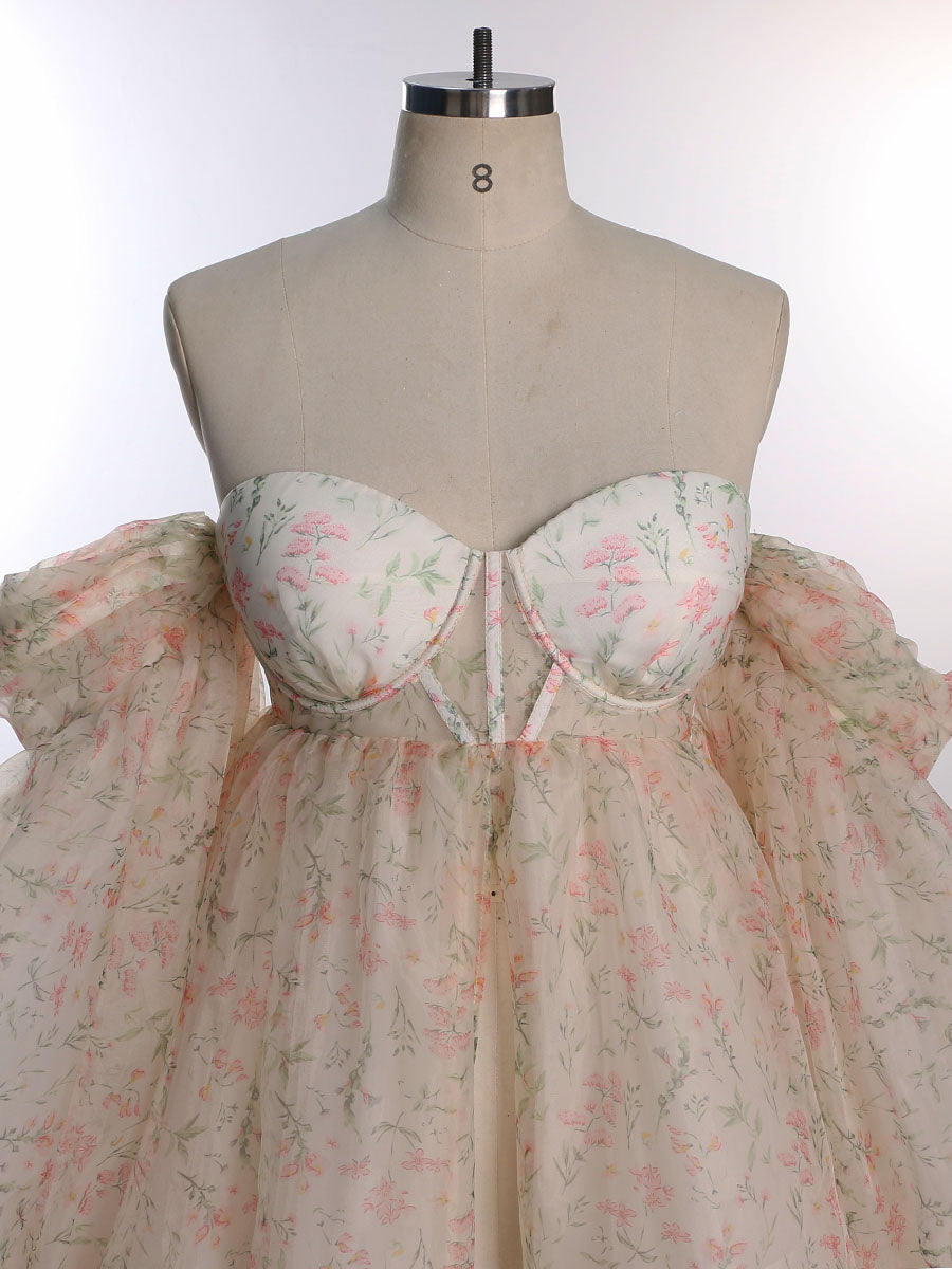 Umstandskleid aus weicher Organza-Seide mit Blumendruck für Fotoshootings, Fotografie, Foto-Requisiten, Schnürung am Rücken, YW230304 