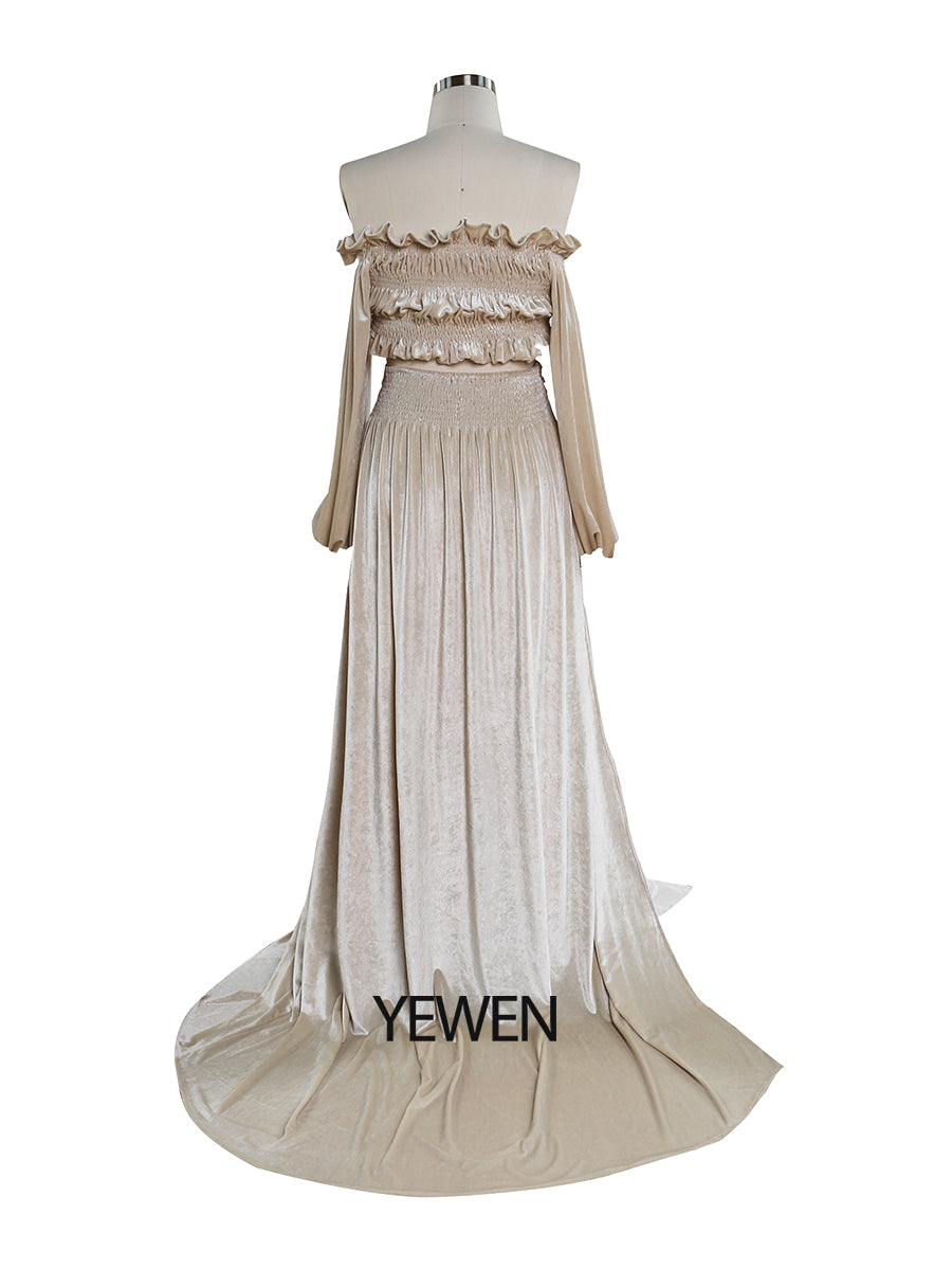 Zweiteiliges Set aus creme-beigem Samt-Crop-Top und langem Rock, Maxi-Samtkleid für Damen mit Beinschlitz, YW220929 