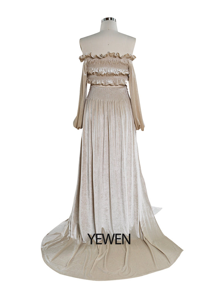 Zweiteiliges Set aus creme-beigem Samt-Crop-Top und langem Rock, Maxi-Samtkleid für Damen mit Beinschlitz, YW220929 