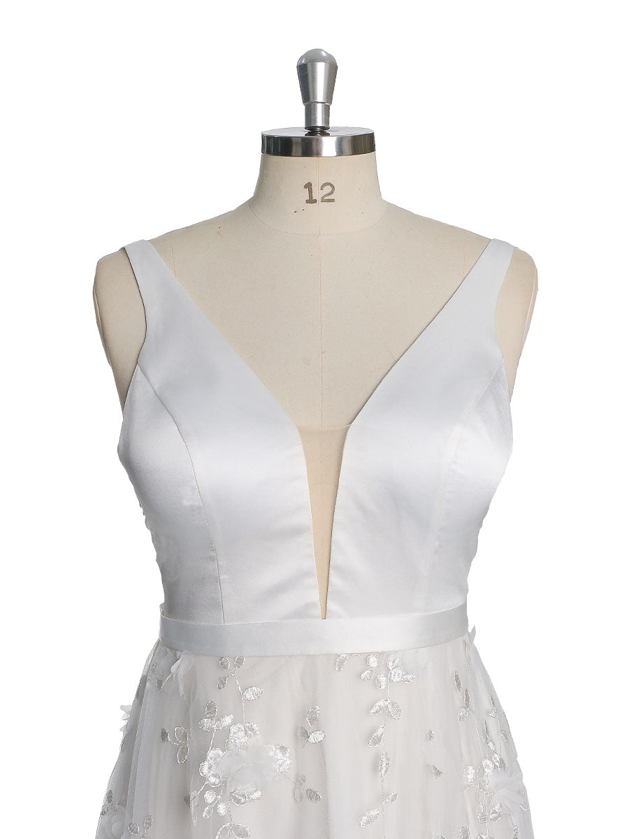 Doppelter V-Ausschnitt Tüll Spitze Bohemian Strand Brautkleid YW230217