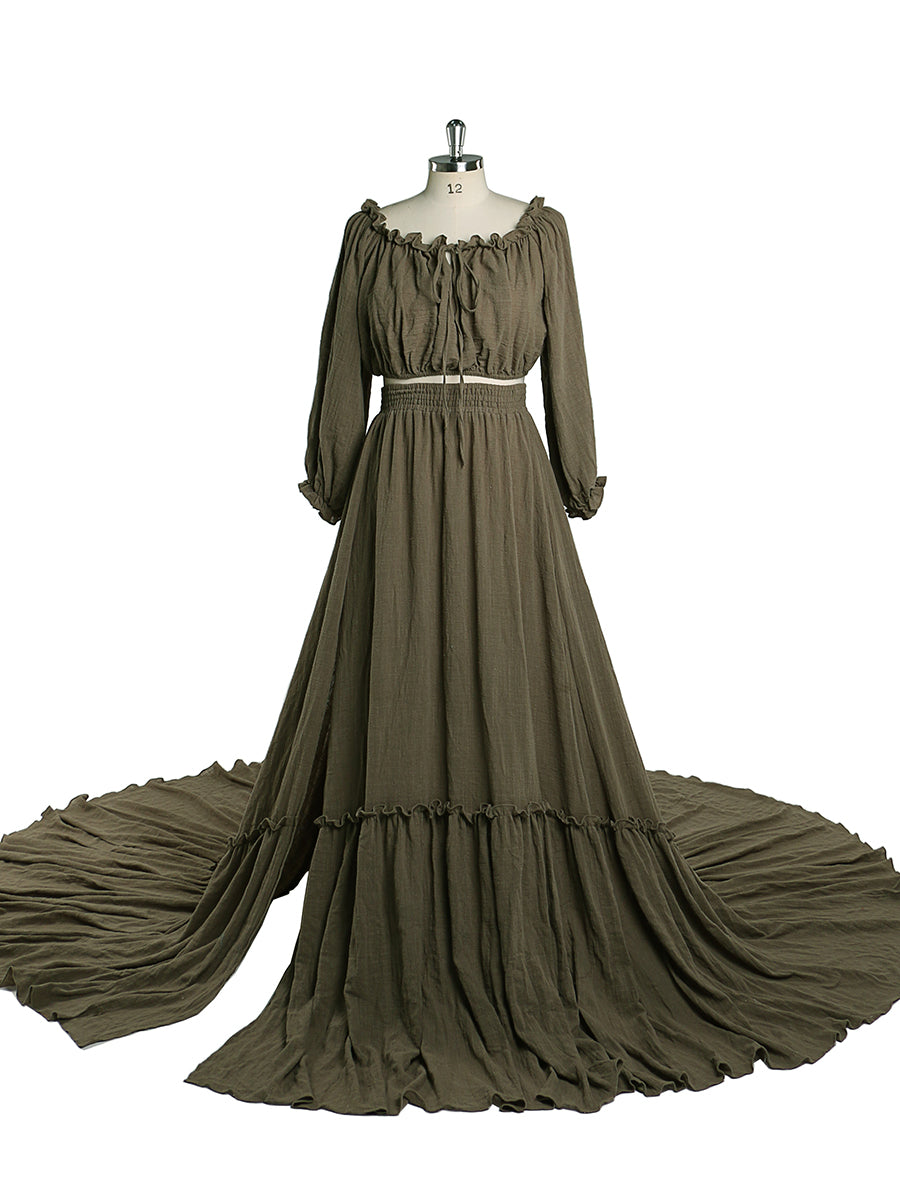 Versandfertig - 2-teiliges Set Maxikleider Dehnbare Taille Umstandskleid Fotografie Kleid YD211229