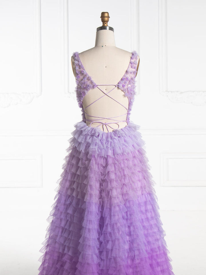 V Neck, Floor Length ,Layered Ruffles, Tulle Prom Dress 