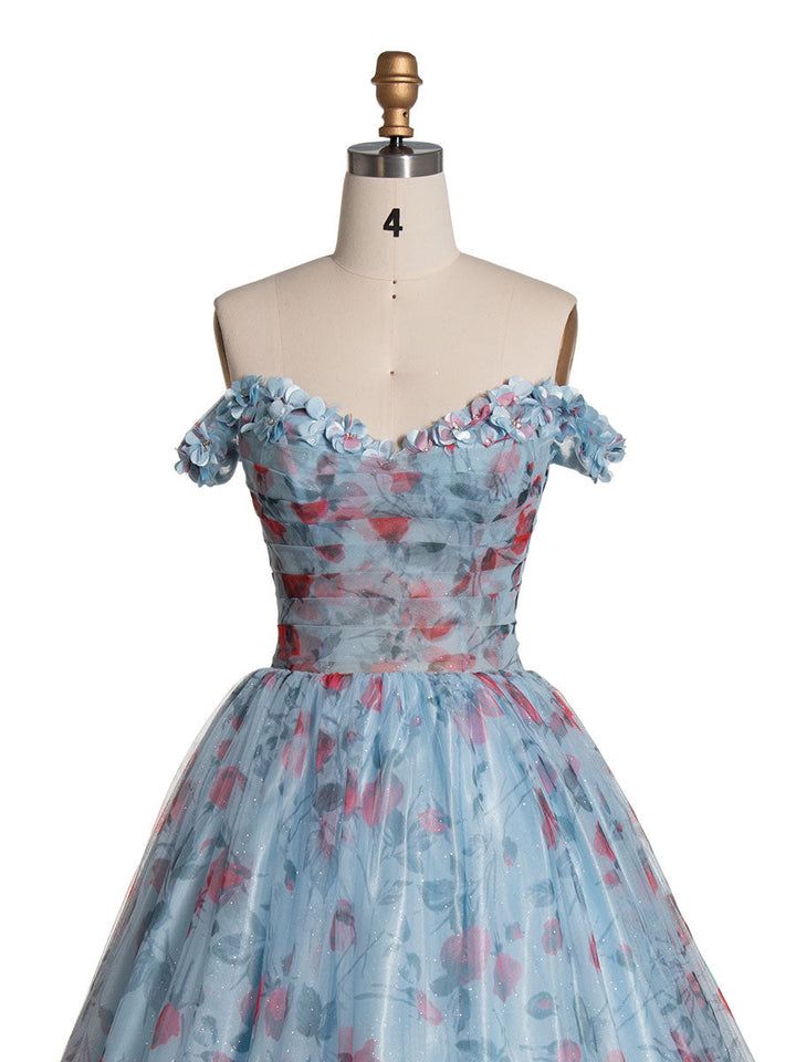 Elegantes schulterfreies Ballkleid mit Blumenmuster und Schleppe YE3023 