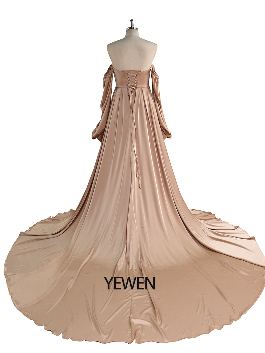 A-Linie Satin Brautkleid mit Schnürung am Rücken und langen Ärmeln, Kleider für Fotoshootings YW220928 