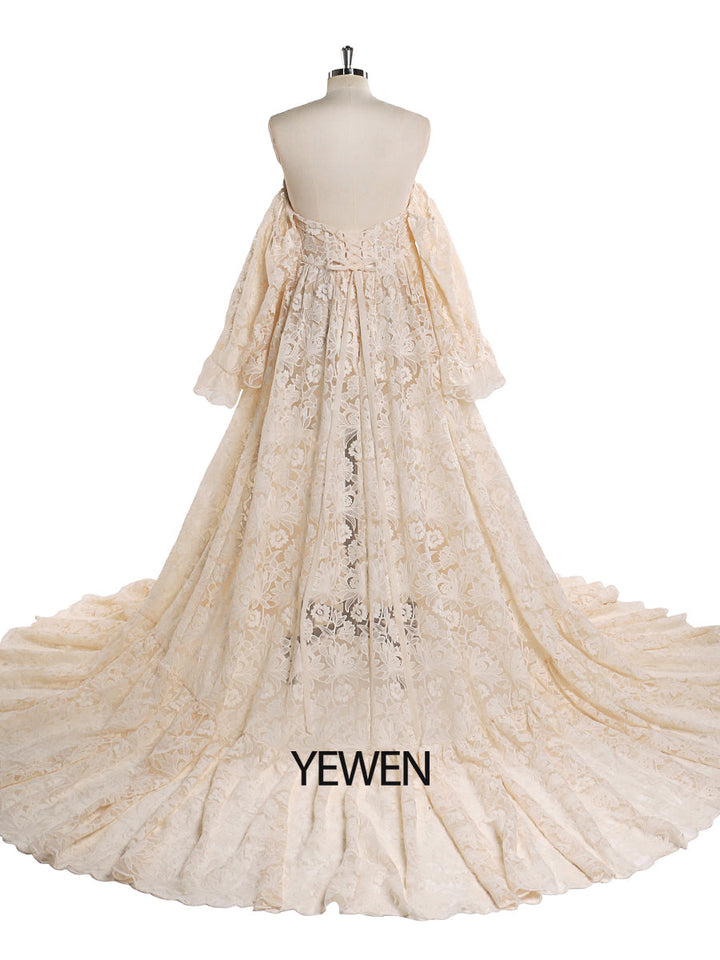 Elegantes Umstandskleid aus Spitze für Fotoshootings, schulterfreies Maxikleid, ausgefallene Fotografie-Requisiten, YEWEN YW220701