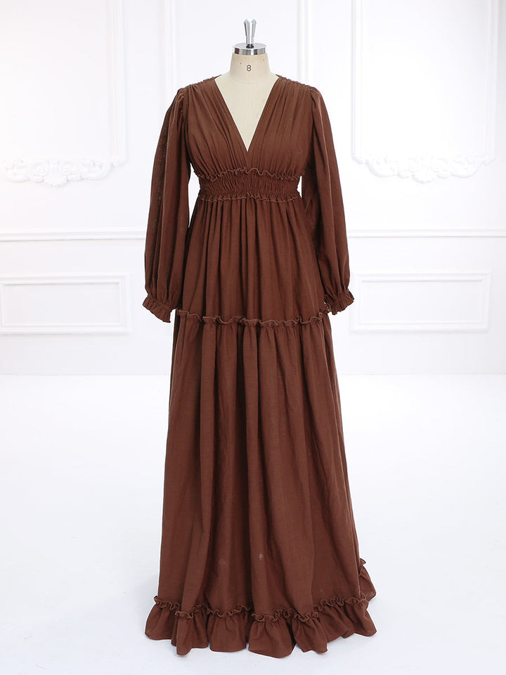 V-Ausschnitt, lange Ärmel, Boho-Maxikleid aus Baumwolle, Strandkleid für Fotoshootings, YW231133 