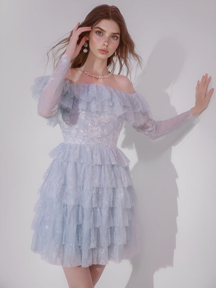 A-Linie Fee Tüll Spitze Ballkleid Off Shoulder Falten Abend Party Kleider Layered Falten Cocktail Kleider 
