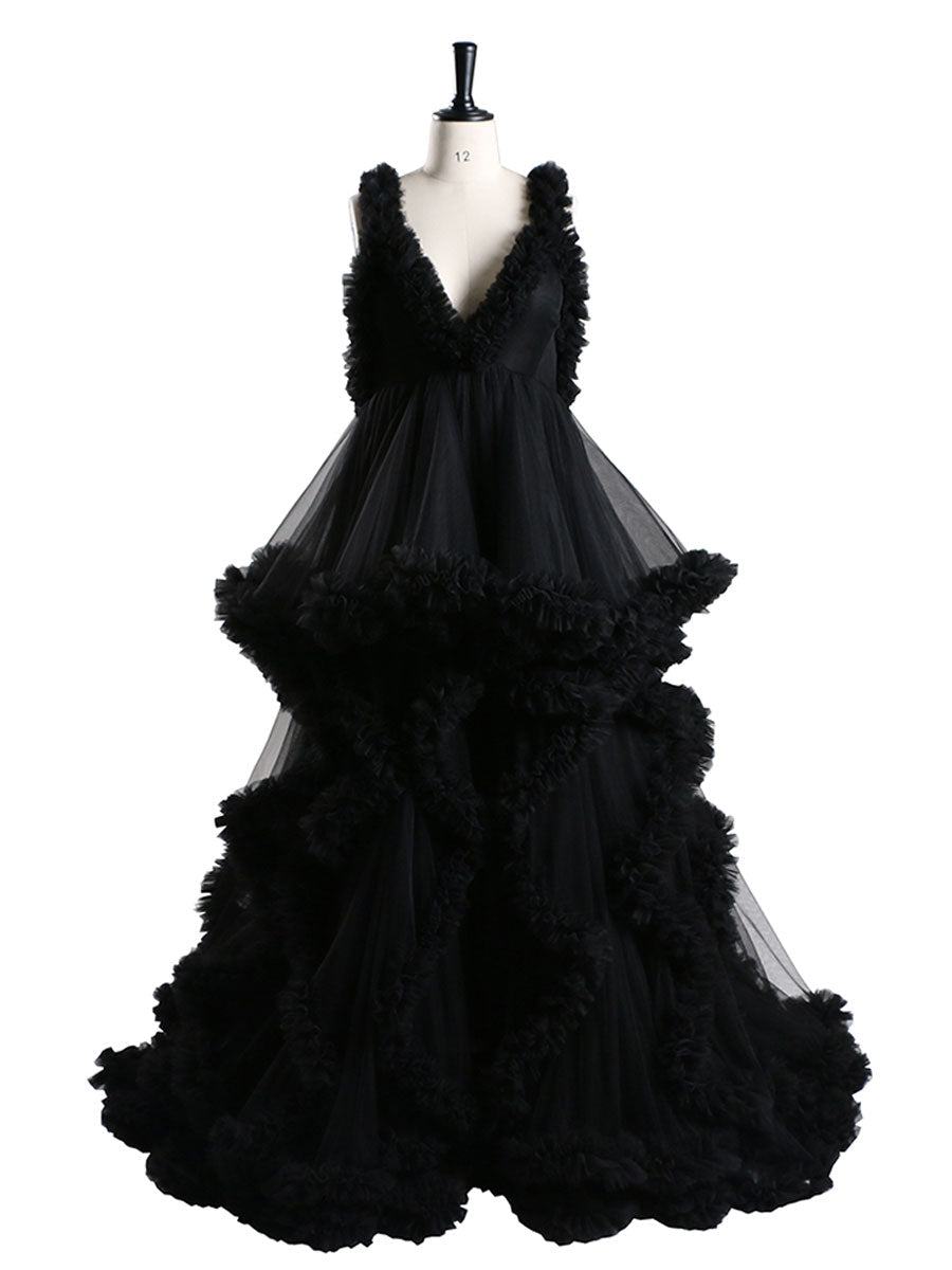Rüschen Tüllkleid Elegante ärmellose Umstandskleider für Fotoshooting