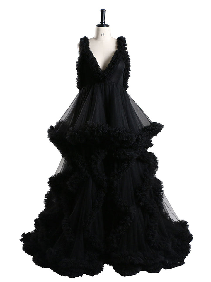 Rüschen Tüllkleid Elegante ärmellose Umstandskleider für Fotoshooting