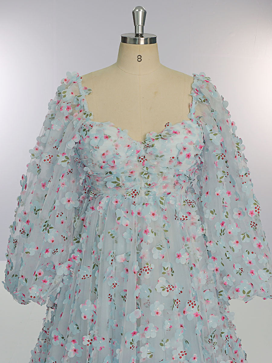 Elegantes blaues Tüllkleid mit Blumen für Fotoshootings YW231035-1 