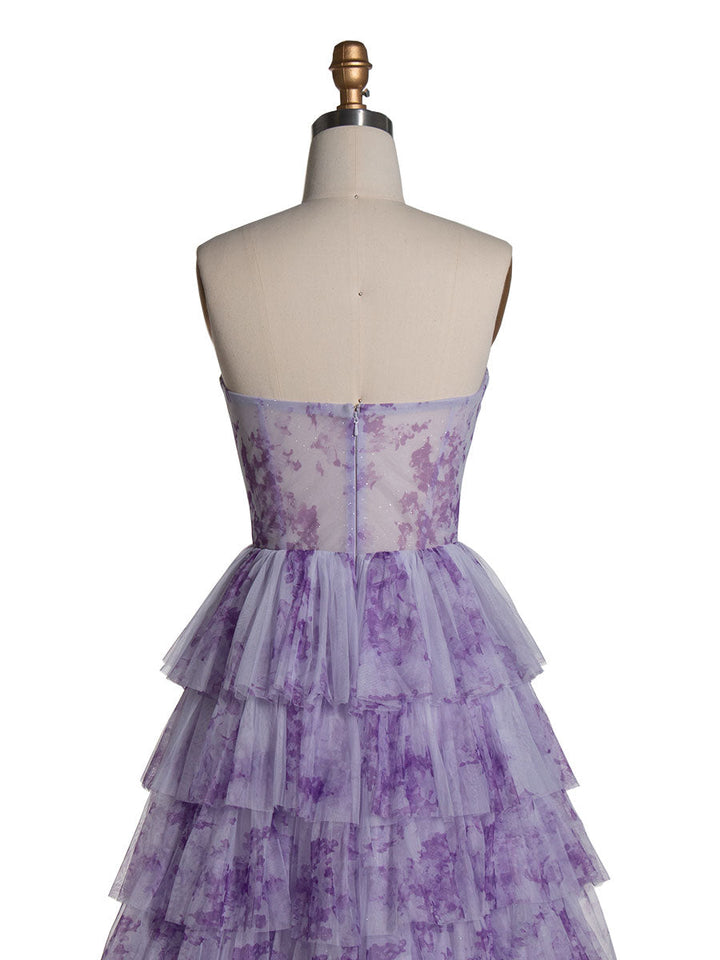 Elegantes lavendelfarbenes Stufenkleid aus mehrlagigem, bedrucktem Tüll, Ball- und Partykleid YE3024 