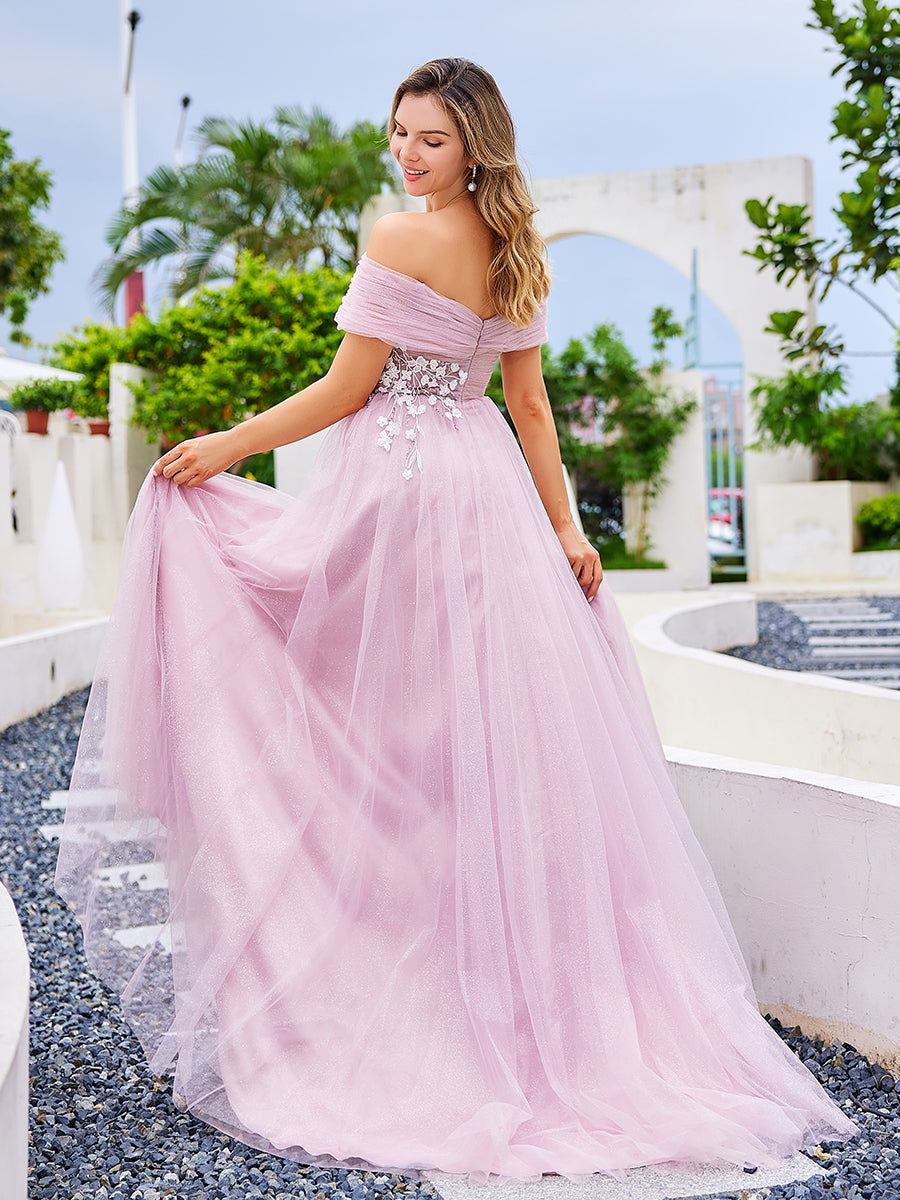 A-line, Off The Shoulder,  Dusty Pink , Tulle Prom Dresses with Lace 