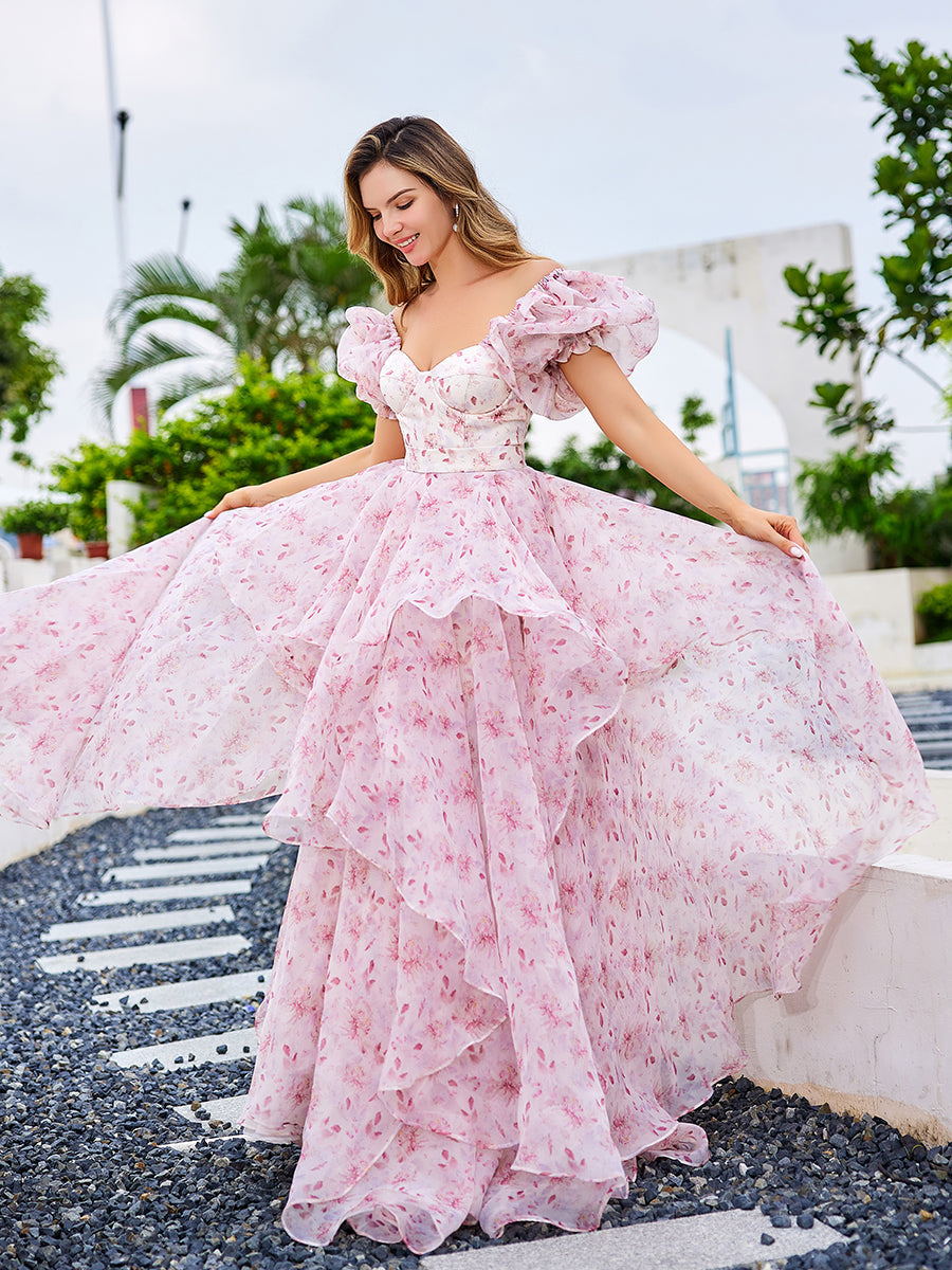 A Line, Floor Length , Pink Printing Floral, Prom Dress