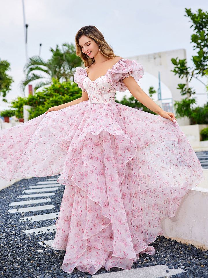 A Line, Floor Length , Pink Printing Floral, Prom Dress