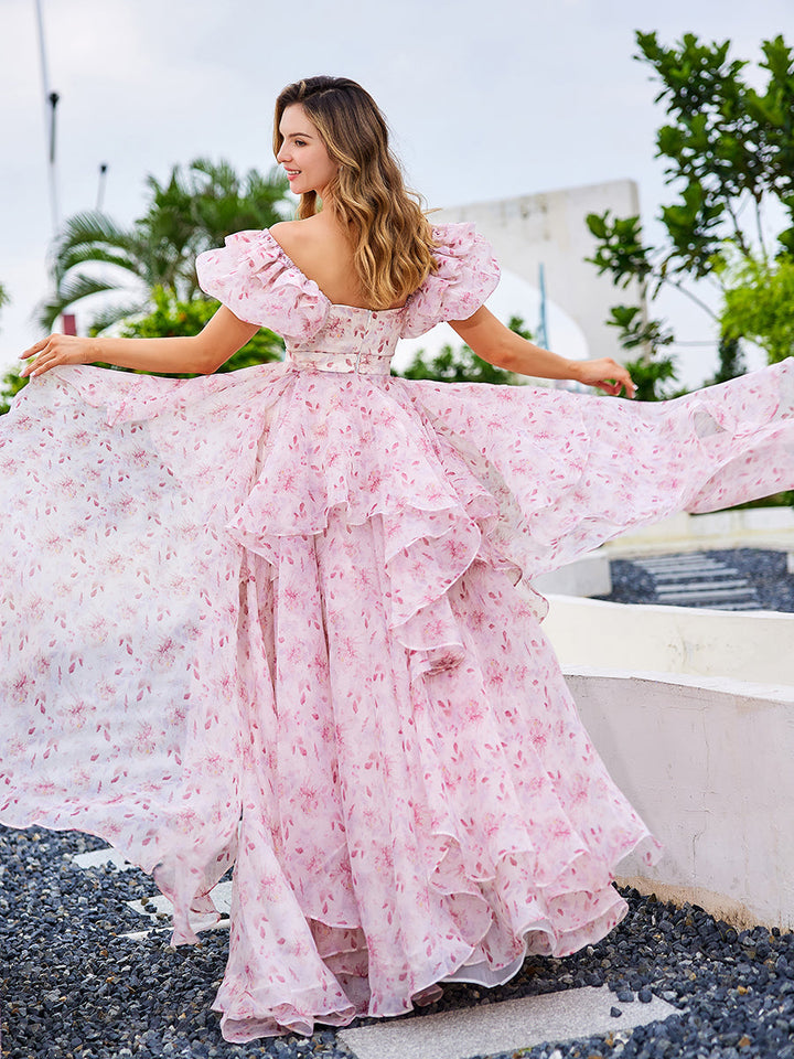 A Line, Floor Length , Pink Printing Floral, Prom Dress