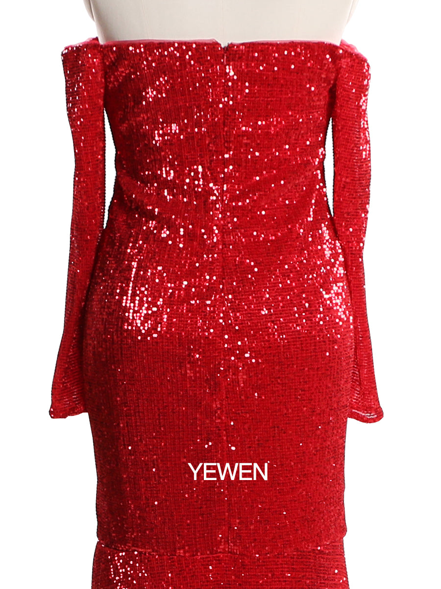 Langärmliges Pailletten-V-Ausschnitt-Abendkleid mit offener Vorderseite und Stretch-Bauch