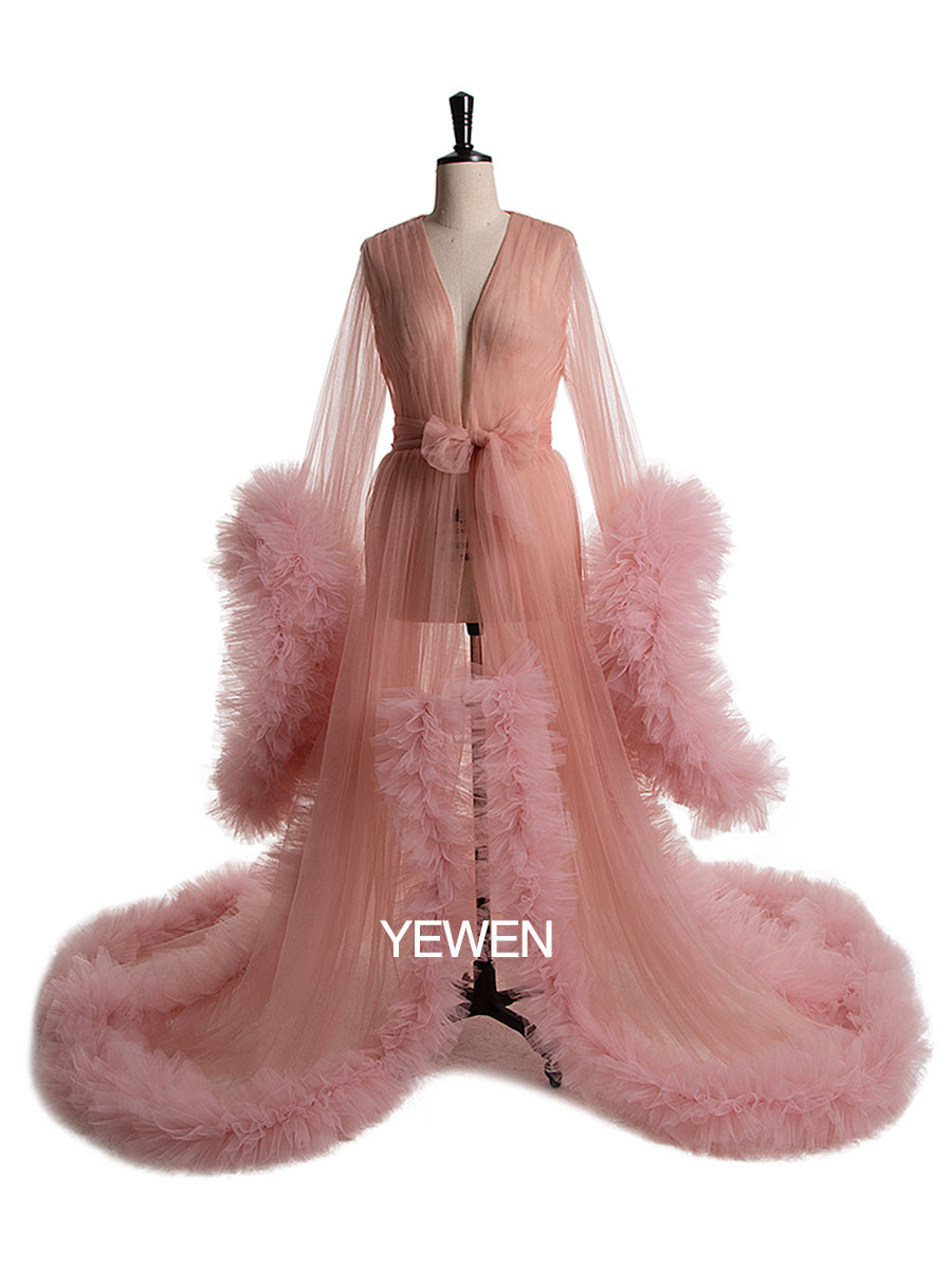 Langärmliges Brautkleid, elegantes, durchsichtiges Maxi-Umstandskleid mit Rüschen