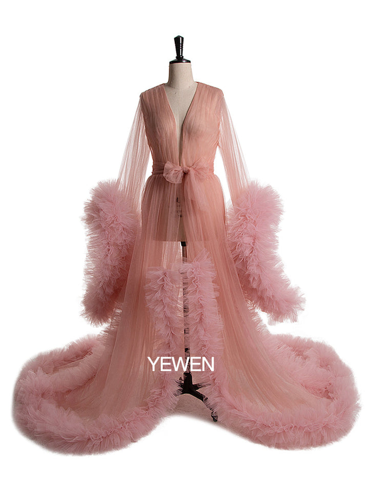 Langärmliges Brautkleid, elegantes, durchsichtiges Maxi-Umstandskleid mit Rüschen