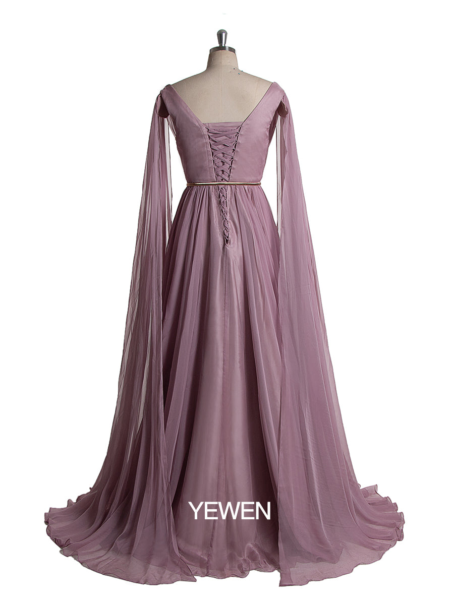 Elegantes Chiffon-Partykleid für Damen mit V-Ausschnitt und Cape-Ärmeln 