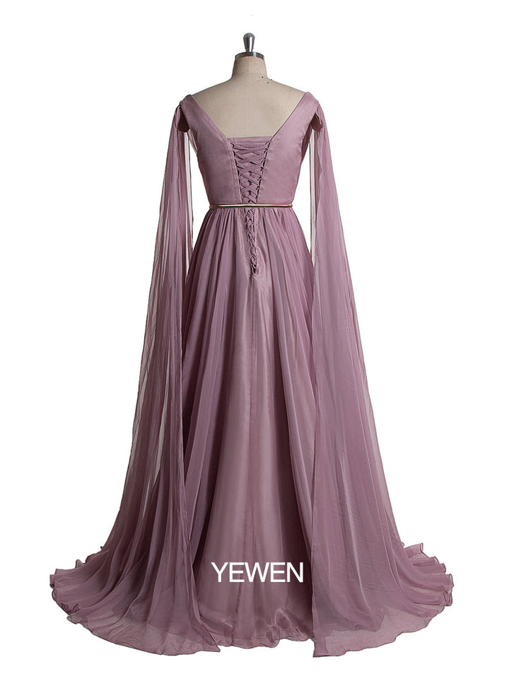Elegantes Chiffon-Partykleid für Damen mit V-Ausschnitt und Cape-Ärmeln 