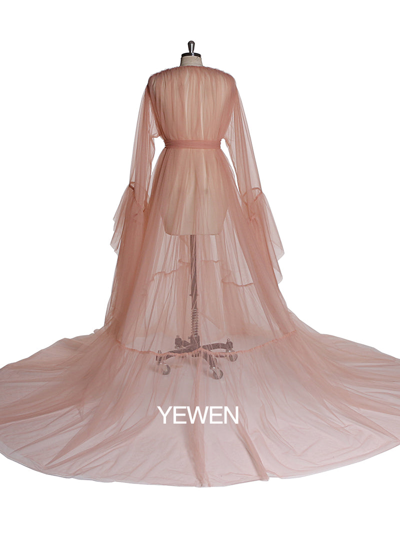 Elegantes V-Ausschnitt Umstands-Fotoshooting-Kleid Glockenärmel Sexy Maxikleid YW2055 