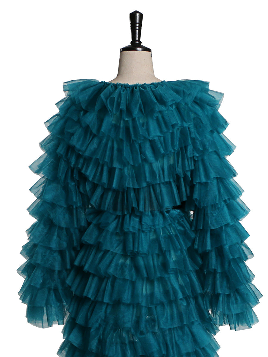 Grünes Abendkleid, Ballkleid, Tüll, gestuftes Langarm-Maxikleid für Damen