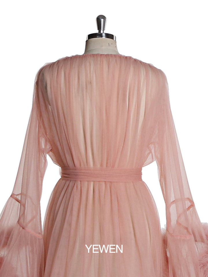 V Neck Party Dress Ostrich Feather Bell Sleeve Bow Maxi Elegant Maternity Dress Prom Gown
